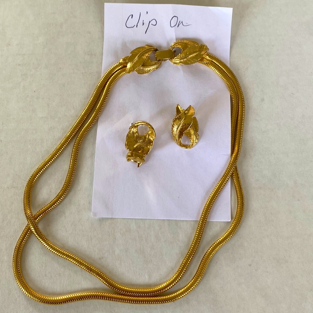 Leaves clip earrings & 2-strand goldtone snake chain necklace -16” neck